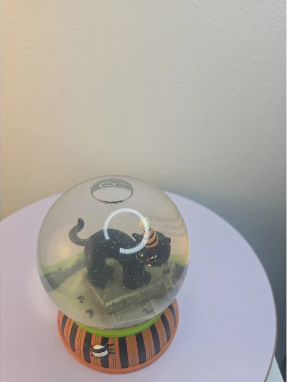 Vintage Halloween Black Cat Snow Globe Water Globe Party Hat Striped Spider Base